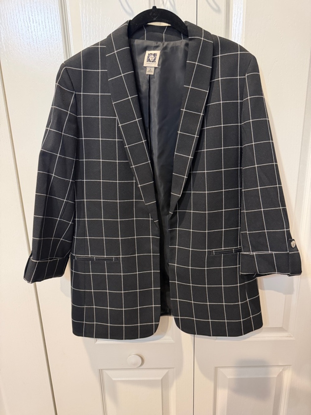 Anne Klein Black Blazer with White Windowpane Grid & 3/4” Sleeves Sz M